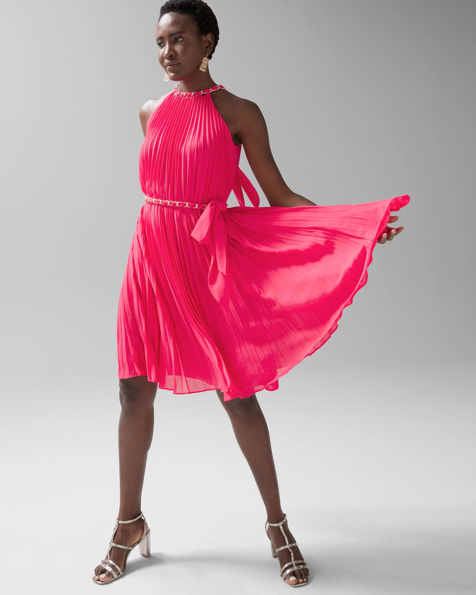 Sleeveless Pleated Halter Dress with Chain Detail